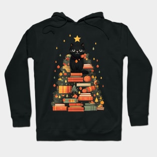 Cute Christmas Cat Books Tree Hoodie